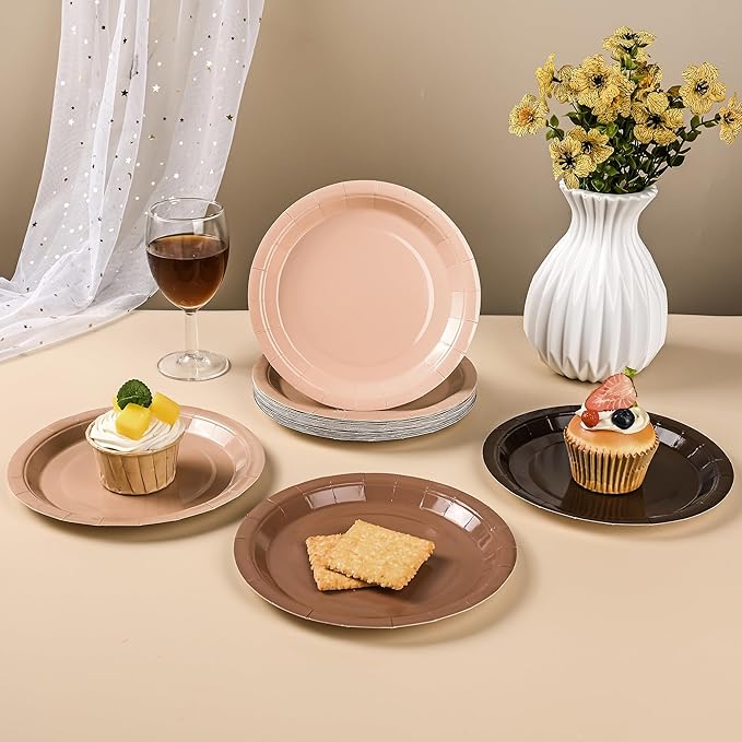 AimFun 48Pcs Brown Paper Plates Gradient Brown Party Plates 4 Colors 7”Disposable Round Dessert Plates for Birthday Holiday Thanksgiving Gathering Party Supplies