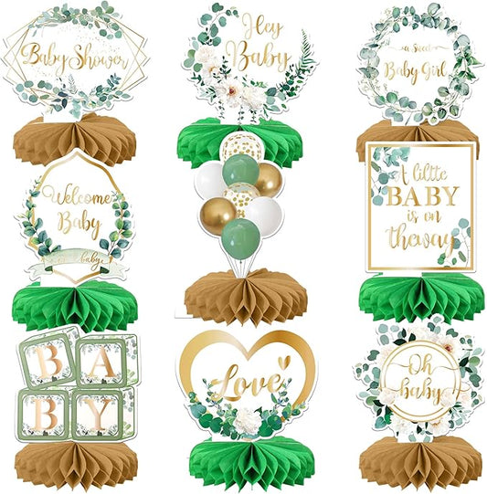 9 PCS Baby Shower Honeycomb Table Centerpieces Floral Leaves Welcome Baby Boy Birthday Party Table Centerpiece Decorations for Baby in Bloom Gender Reveal Theme Boys Birthday Party Supplies Blue