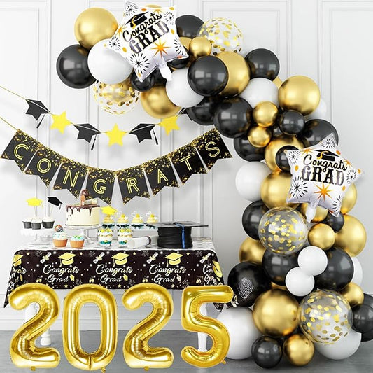 Graduation Balloon Arch Kit, Black Gold Graduation Balloons Garland with Confetti Balloon Graduation Banner Congrats Grad Star 2025 Foil Balloons for Class of 2025 Congrats Graduation Party Decoration