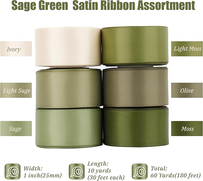 Sage Green Ribbon 1 Inch Double Face Satin Ribbon, 6 Rolls 60 Yards Moss Green Polyester Ribbon for Wedding, Baby Shower, Gift Wrapping, Hair Bows, Bouquets, Crafts