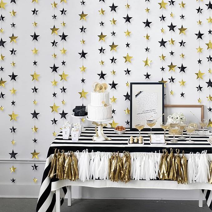 Cheerland 156ft Graduation Party Decorations Star Garland Black Gold Hanging Paper Twinkle Stars Streamer Grad Banner Wedding Backdrop for Starry Night Birthday Congrats Grad Class of 2026 Party Decor