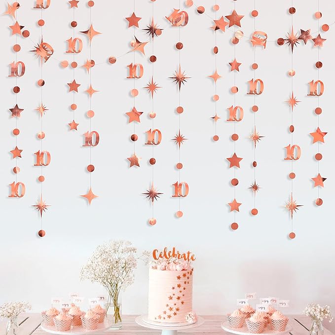 Rose Gold 10th Birthday Decorations Number 10 Circle Dot Twinkle Star Garland Metallic Hanging Streamer Bunting Banner Backdrop for Girls Boys Ten Year Old Birthday 10th Anniversary Party Supplies