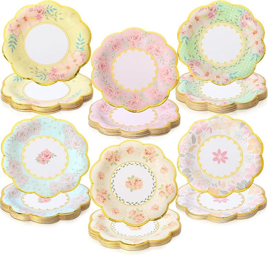 Maxcheck 72 Pcs 6 Inch Floral Paper Plates with Gold Rim Disposable Flower Plates for Tea Party Decorations Birthday Baby Shower Wedding Bridal Supplies