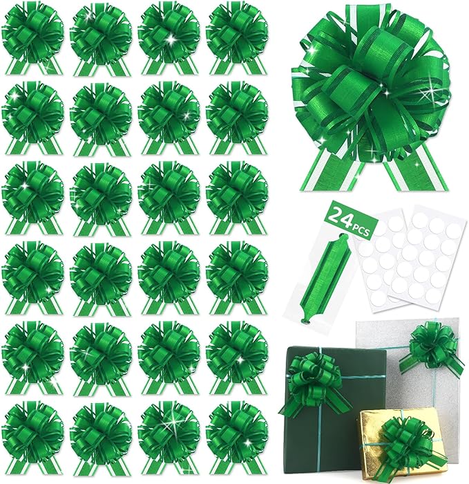 24pcs Green Pull Bow for Gift Basket Wrapping Xmas Gift Bows Adhesive Presents Wrap Ribbon Bow for Christmas Tree Ornament Wine Bottles Bouquet Flower Valentine's Day Party Decor (Green-G)