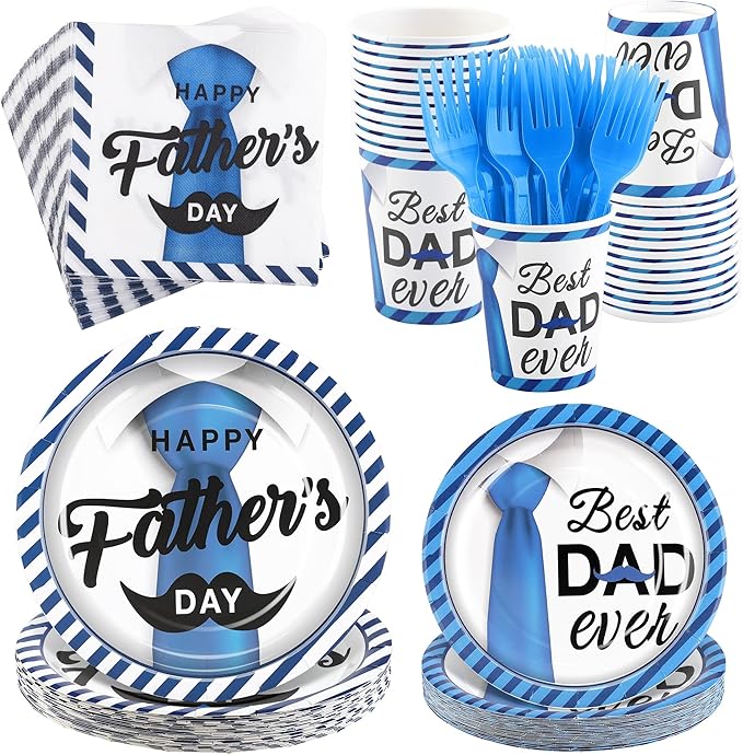 Kochorie 144 Pieces Father's Day Party Tableware Sets Including Disposable Plates Napkins Cups Forks Serves 24 for Father's Day Decorations Dad Grandpa Celebration Happy Father's Day Party Supplies