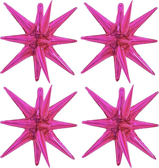 TONIFUL 4 Pcs 22inch 4D Hot Pink Explosion Star Mylar Balloons for Party Backdrop Christmas,New Year Birthday, Wedding Baby Shower Anniversary Photo Booth Supplies