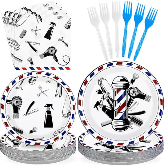 96Pcs Barber Sign Party Supplies Barber Themed Paper Plates and Napkins Hairdresser Tableware Set for Graduation Birthday Hairdresser Hairstylist Salon Haircut Party Decorations Serves 24