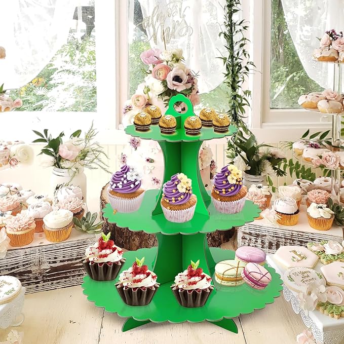 Soleebee 3-Tier Cupcake Stand, Cardboard Cupcake Tower, Dessert Cup Cake Stand Tower for Birthday Wedding Party Decoration, Cupcake Tier Stand 1 Set (Green)