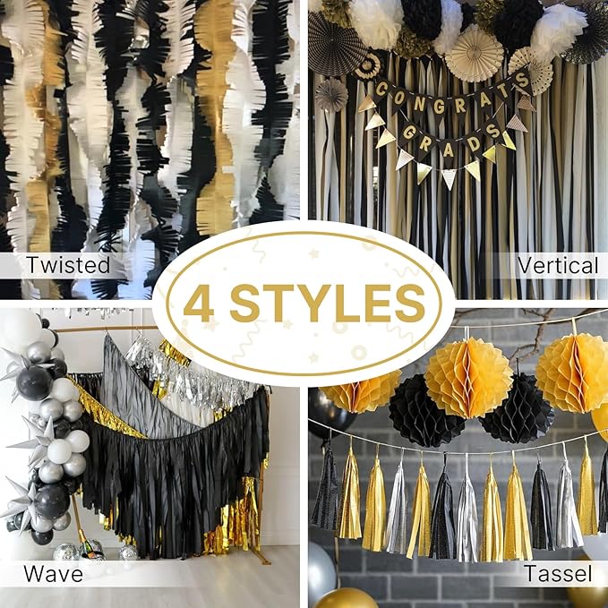 PartyWoo Crepe Paper Streamers 8 Rolls 656ft, Pack of Black, Gold and Silver Party Streamers, Crepe Paper for Birthday Decorations, Party Decorations, Wedding Decorations (1.8 in x 82 Ft/Roll)