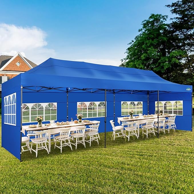COBIZI 10x30 Heavy Duty Pop up Canopy with 8 sidewalls Party Tent for Parties Weddings Events UPF 50+ Waterproof Commercial Gazebo with Roller Bag, Blue(Frame Thickened)