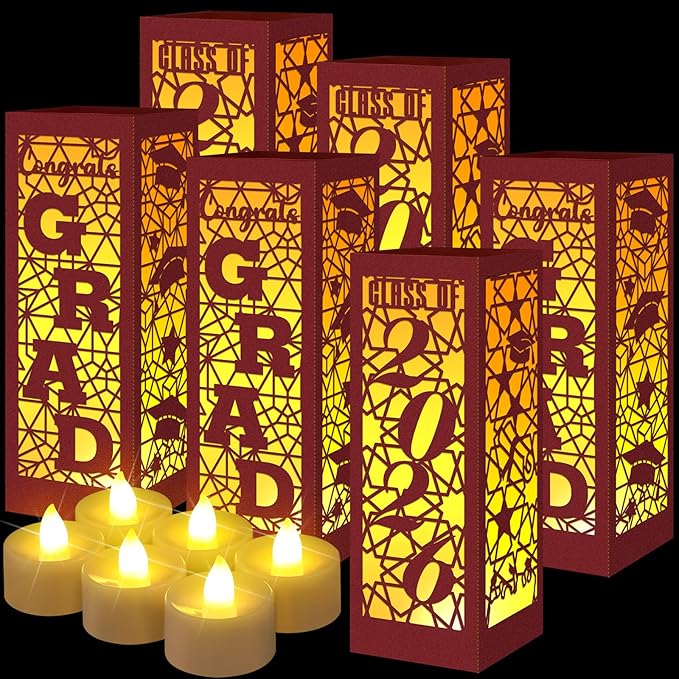 Rossesay 6 Pcs Graduation Table Centerpieces Boxes Class of 2026 Graduation Lanterns for Centerpieces with LED Candles Congrats Grad School College Photo Props for Party Table Decoration (Chestnut)