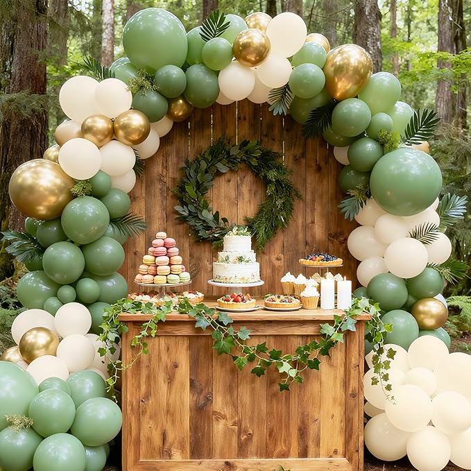 RUBFAC Sage Green Balloons, 65 Pcs Party Balloons Green Gold Sand White 12 Inches for Tiana Birthday, Wedding, Baby Shower, Eucalyptus Party Decorations
