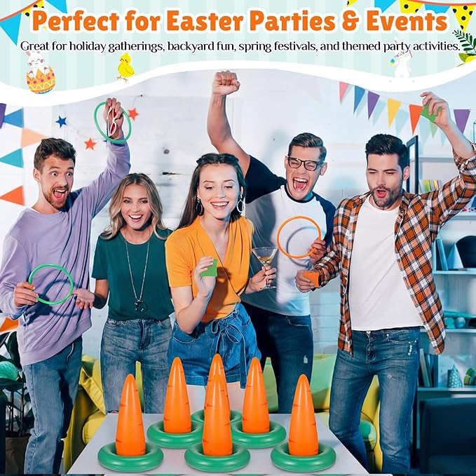 Seenelling Easter Carrots Inflatable Ring Toss Game for Adults Family, Indoor Outdoor Party Easter Game Party Decorations Cute Fun with 6 Cones 12 Rings 12 Bean Bags 1 Air Pump