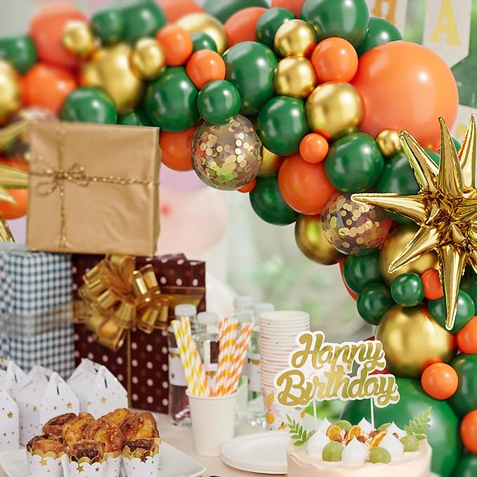 Orange Green Balloons Arch Garland Kit-Metallic Gold Balloon Dark Green Balloon Gold Star Foil 127Pcs for Bridal Shower,Christmas,Birthday,Wedding,Thanksgiving Party Decorations.