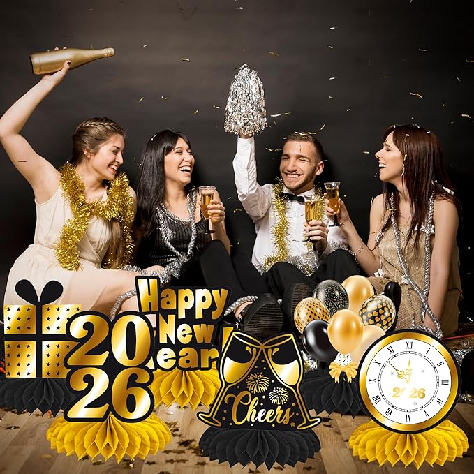 Happy New Year Honeycomb Centerpieces 2026 New Year's Eve Table Decorations 12Pcs New Year Theme Party Supplies Black and Gold Cheers to 2026 Centerpieces for Countdown Party Decor