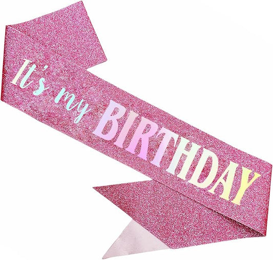 It's My Birthday Sash, Dazzle Foil Letter Glitter Pink Birthday Sash for Women Girl Kids Teenager Funny Bday Gifts Party Favors Photo Prop