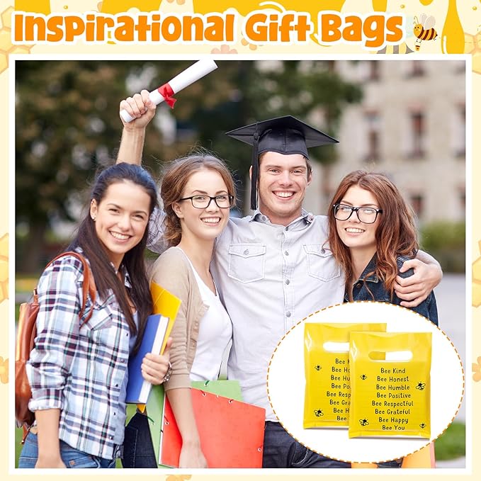 Coume 50 Sets Bee Bee Gift Bags End of The Year Gifts for Students 6 Colors Inspiration Quotes Plastic Party Favors Treat Goodie Bags with Handles Birthday Party Favor, 6" x 8"