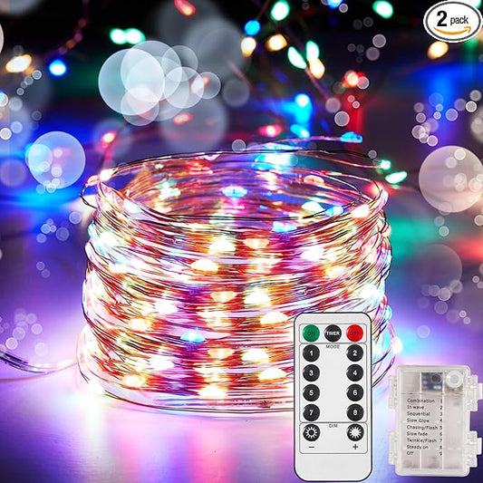 Ariceleo 2 Pack 32.8 Ft. Battery Operated Outdoor String Lights with Remote & Timer, LED Multi Color Fairy Lights, Waterproof Twinkle Lights for Bedroom, Dorm, Mason Jar, Wedding, Party, Christmas
