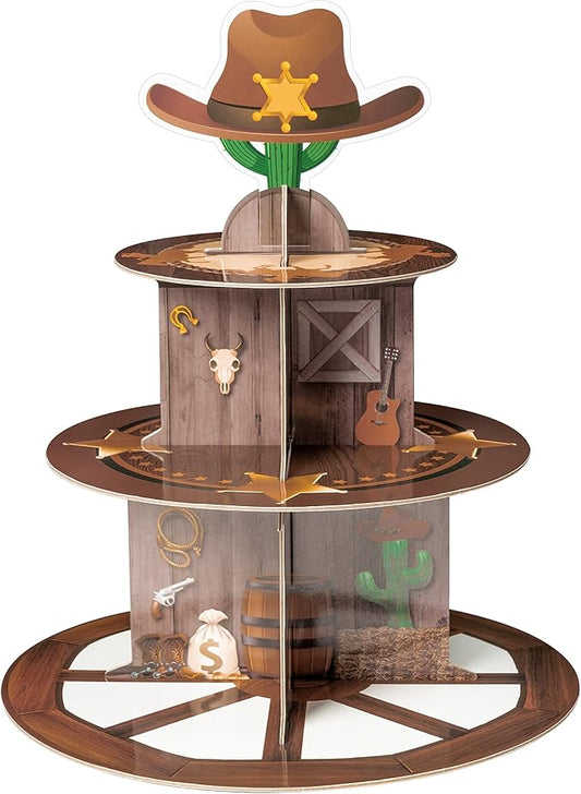 Haooryx Western Cowboy Cupcake Stand - 3 Tier Wild West Wooden House Barn Door Cupcake Tower Cardboard Dessert Holder Pastry Platter for Western Cowboy Theme Birthday Party Baby Shower Table Supplies