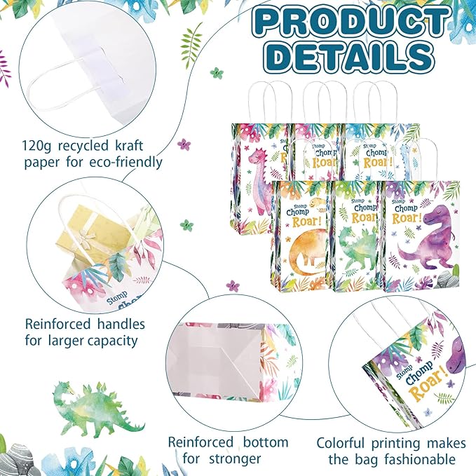Outus 24 Pcs Dinosaur Party Gift Bags, Dino Party Gift Goodie Favor Bags with Handle for Girls Boys Dinosaur Theme Birthday Baby Shower Decoration