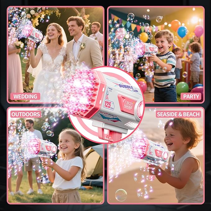 Deserthome Bubble Gun, Upgraded 125 Holes Bubble Guns for Wedding, Pink Bubble Machine for Kids Age 3 4 5 6 7 8 9 10 11 12 Year Old, Big Bubble Blower Gun with Lights, Easter Outdoor Party Favors