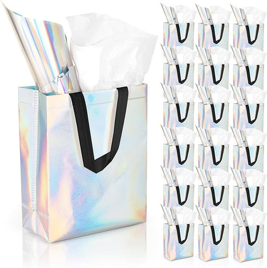 GouZaak 30 Pack Iridescent Gift Bags, Holographic Reusable Gift Bags With Black Handles And 2 Style Tissue Paper, 8 x 4 x 10 Inch Medium Size, Iridescent Party Favor Bags For Wedding Birthday Holiday