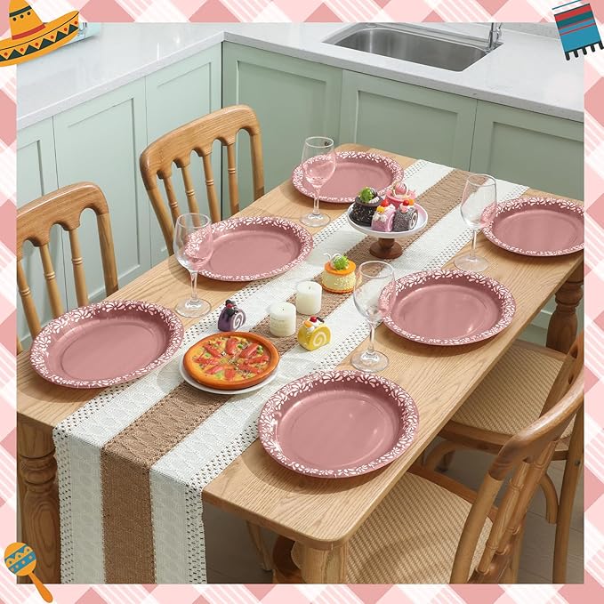 Yungyan 50 Pcs 12 Inch Pink Cielito Lindo Plates Mexican Paper Plates Platos De Barro Cielito Lindo Party Favors for Talavera Baby Shower Birthday Wedding Party Decoration
