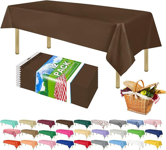 ZIMPLEWARE Premium Brown Plastic Table Cloth Disposable (12 Pk) Plastic Tablecloths for Rectangle Tables (54in x 108in) Party Table Cloths Disposable for 6ft to 8ft Rectangle Tables