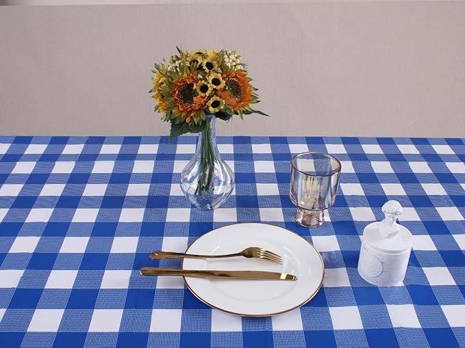 Kesfey 12 Packs Bule and White Checkered Tablecloths Party Picnic Disposable Table Covers 54 × 108 Inches Splashproof Plastic Checkered Gingham Tablecover for Outdoor Dinners Party Retro Celebrations