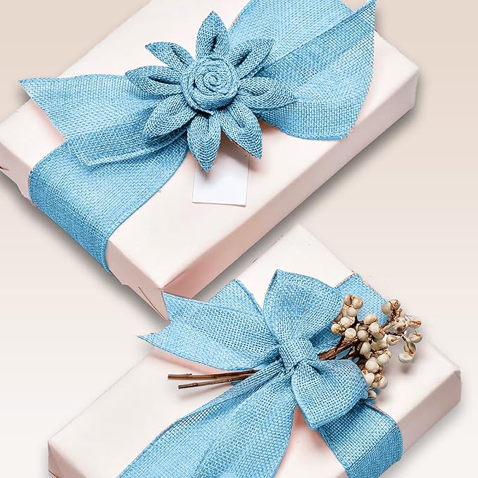 Blue Burlap Ribbon 2 inch X 10 Yard Natural Burlap Woven Wired Ribbons DIY Handmade Edging Production Wreath Holiday Decoration Gift Ribbon for Gift Wrapping Blue Ribbons