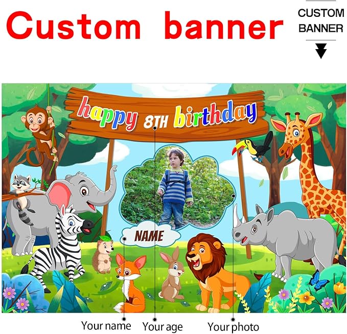 Custom Jungle Safari Happy Birthday Party Decorations Supplies Personalized Jungle Safari Animal Birthday Backdrop Banner(6x9ft)