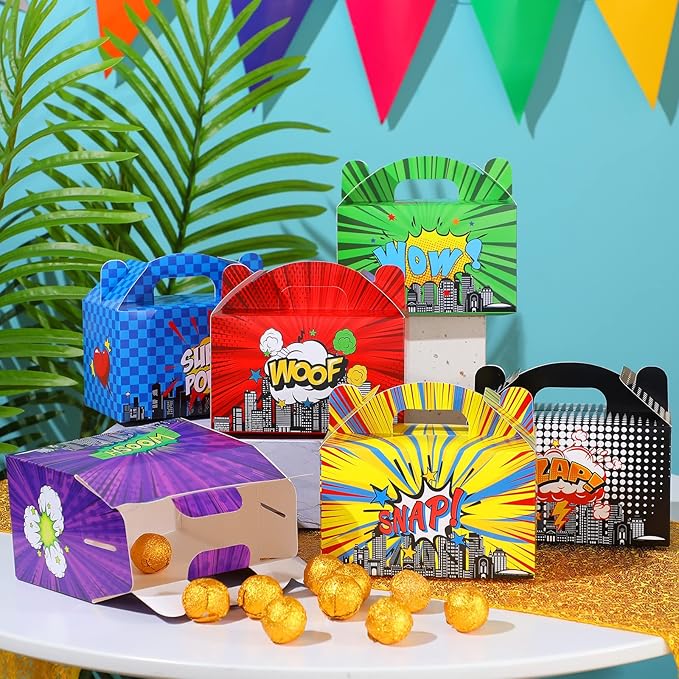 Teling 24 Pcs Hero Party Favor Boxes Treat Boxes Hero Action Sign Box Cartoons Gift Box Cardboard Goodie Snack Candy Bags for Kids Girl Boy Birthday Party Baby Shower Supplies Decorations
