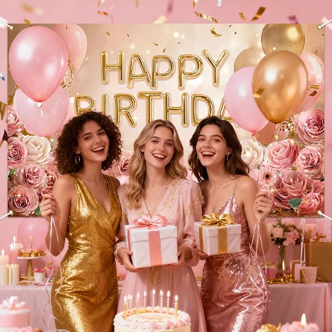 Mocsicka Rose Gold Birthday Backdrop Pink Balloon Floral Decorations for Women Girls Gold Anniversary Party Photography Background (Rose Gold, 70.8 x 43.3 Inch)