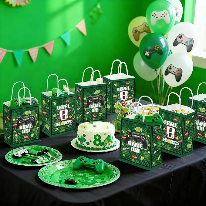 Grencian 16Pcs Video Game 8th Birthday Party Favor Bags Green Gamer 8th Birthday Candy Treat Gift Goodie Bags with Handles Gaming Level 8 Decorations for Boys Kids 8 Years Old Party Favors