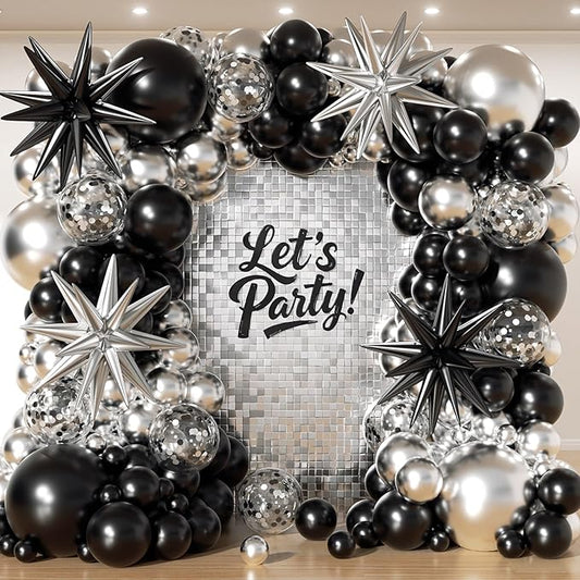 153Pcs Black and Silver Balloons Garland Arch Kit with Stars - 22 18 12 10 5 inch Different Size Black Metallic Silver Confetti Latex Balloon for Birthday Graduation New Year Party Decorations