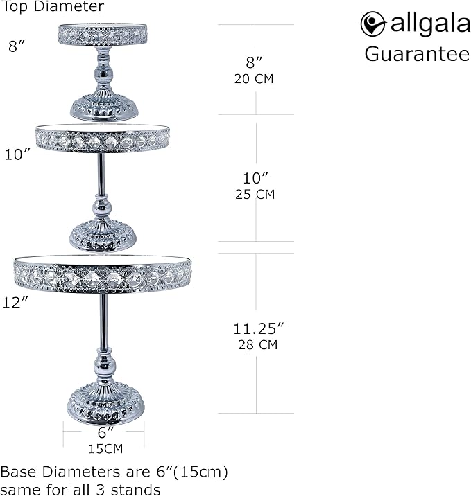 allgala HD89209 3 Piece Set Crystal Silver Chrome Plated Cheese Dessert Cupcake Cake Stand with Mirror Plate (Silver Round with Bases)
