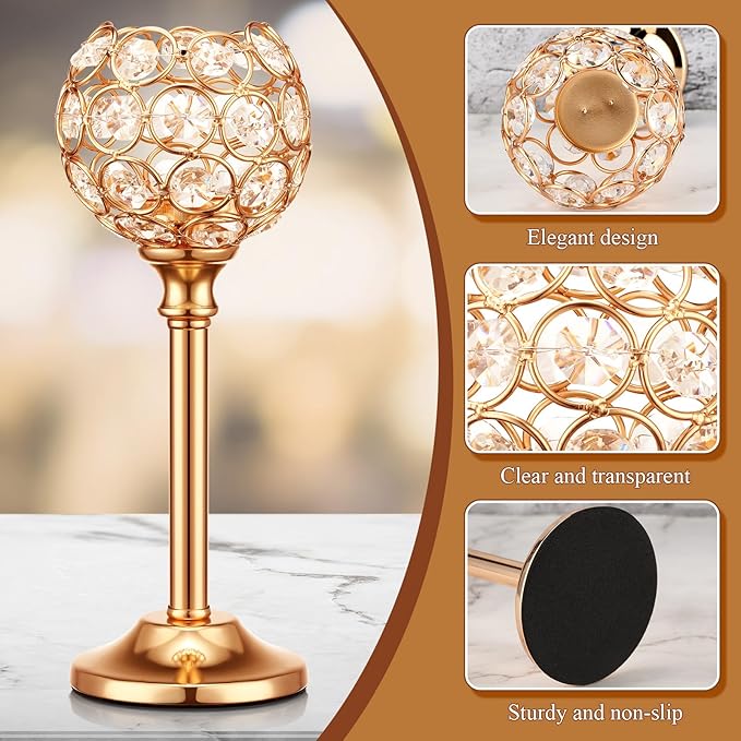 Mimorou 12 Pack Crystal Candle Holders Gold or Silver Candle Holders Bulk Tealight Candlestick Crystal Candelabras for Wedding Party Valentine Christmas Dining Table Centerpieces Decoration (Gold)