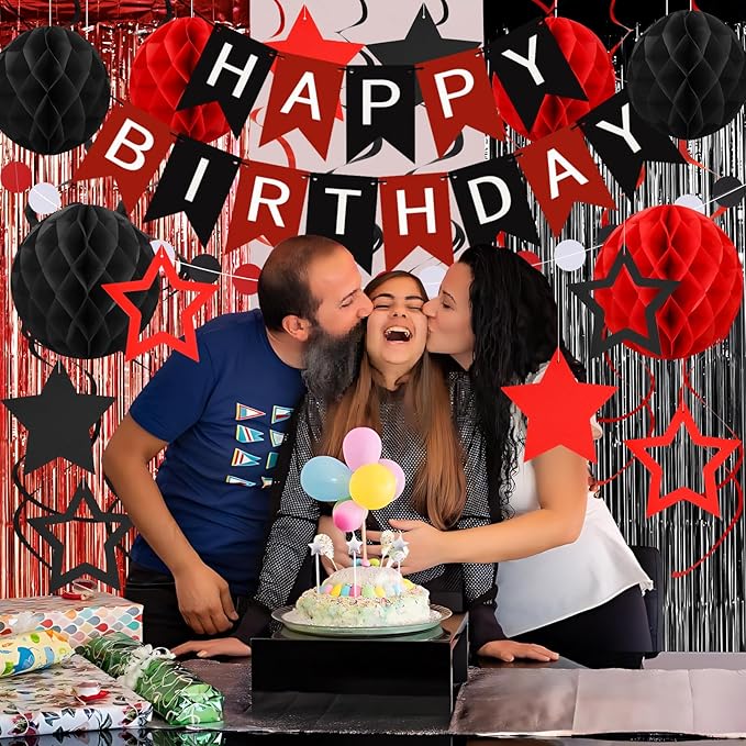 ZERODECO Birthday Decorations, Happy Birthday Banner with Paper Honeycomb, Star Hanging Swirl, Fringe Curtain, Garland, Party Decorations for Women Men Boys Girls (Black Red)