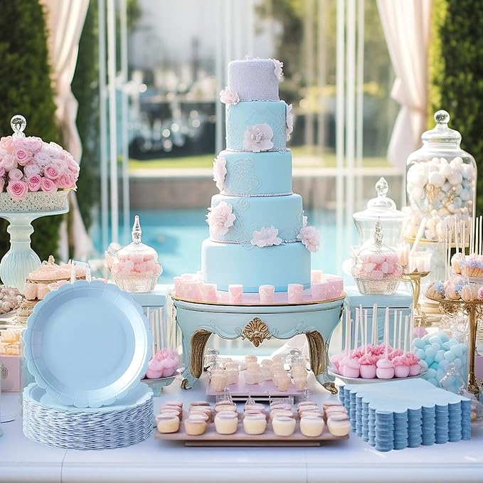 120 Pcs Light Blue Paper Plates and Napkins Party Supplies Bulk Disposable 7 Inch Scalloped Plates Cocktail Napkins for Wedding Bridal Baby Shower Birthday Decorations, Serve 60 Guests