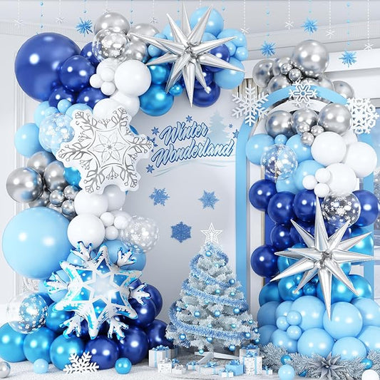 Winter Wonderland Snowflake Balloon Garland Arch Kit, 108PCS Blue and White Silver Christmas Balloons with Snowflake Foil Balloons for Snow Princess Holiday Xmas New Year Birthday Party Decorations