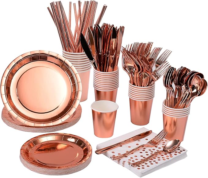 200 Pieces Solid Rose Gold Party Supplies - Rose Gold Paper Plates & Napkins Cups Silverware Serves 25 Sets for Wedding Bridal Shower Engagement Birthday Parties (Rose gold)