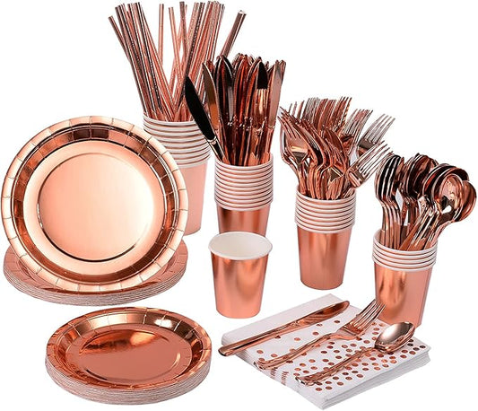 200 Pieces Solid Rose Gold Party Supplies - Rose Gold Paper Plates & Napkins Cups Silverware Serves 25 Sets for Wedding Bridal Shower Engagement Birthday Parties (Rose gold)