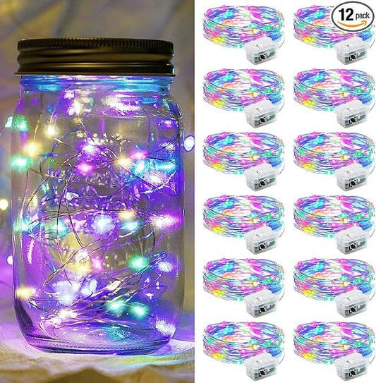 12 Pack Fairy Lights 7Ft 20 LED Twinkle String Lights 3 Modes Battery Operated Waterproof Firefly Starry for Mason Jar Party Wedding Easter Valentines Day Table Centerpieces,Multicolor-Pastel