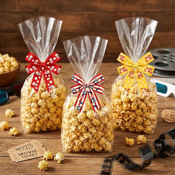 4 Rolls Popcorn Grosgrain Ribbons, 5/8" x 20 Yard Popcorn Printed Ribbon Movie Theater Decor Ribbon Red Yellow Cinema Theme Craft Ribbons for Party Favor Snack Treat Bags Gift Packaging