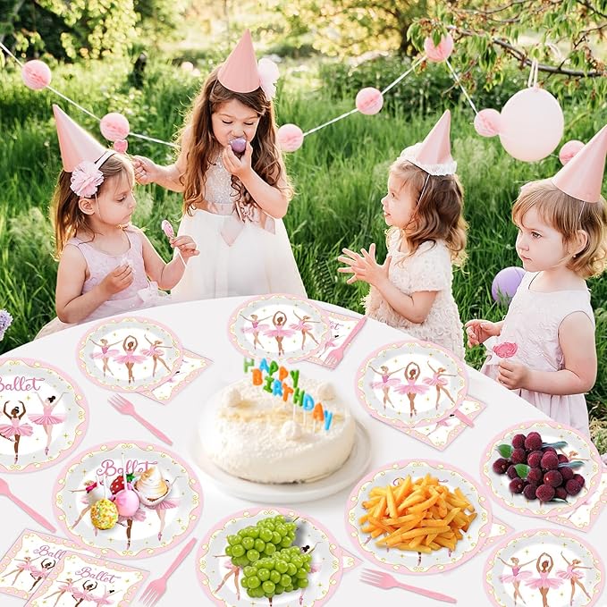 Qyeahkj 100 Pcs Ballerina Birthday Party Decorations for Ballet Plates and Napkins Ballet Dress Paper Dinnerware Table Supplies Disposable Dancing Girl Birthday Party Tableware Decor Serves 25