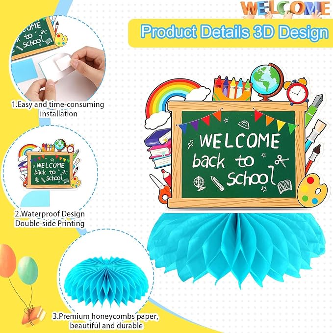 JULMELON Back To School Decorations Honeycomb Centerpiece, 8 PCS Welcome Back To School Supplies for Classroom First Day of School Table Toppers Decor for Kids and Teacher Party Favors