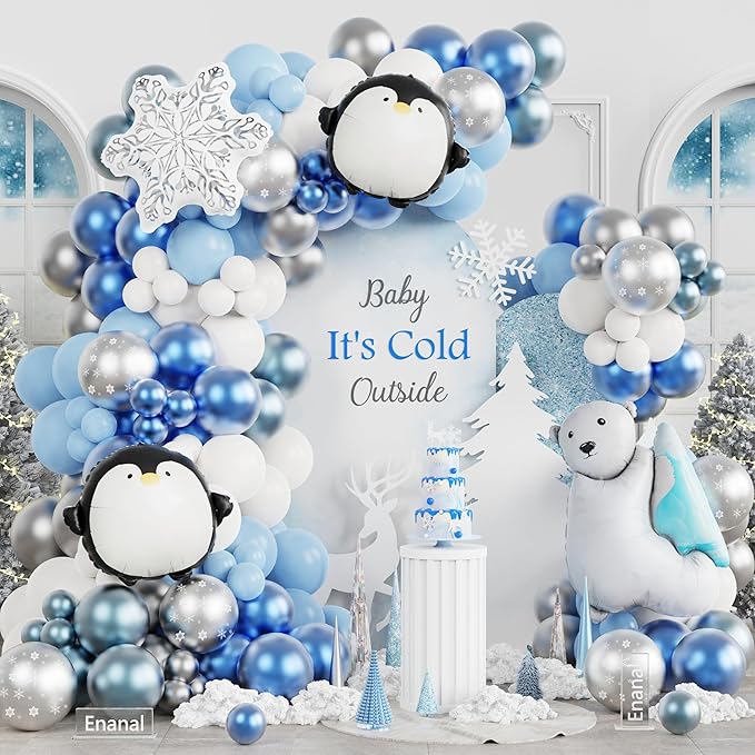 Winter Wonderland Balloon Arch Kit, 159pcs Silver Blue White Latex Balloons with Polar Bear/Penguin/Snowflake Foil Balloons for Is Cold Outside Baby Shower, Birthday, Winter Party Decorations