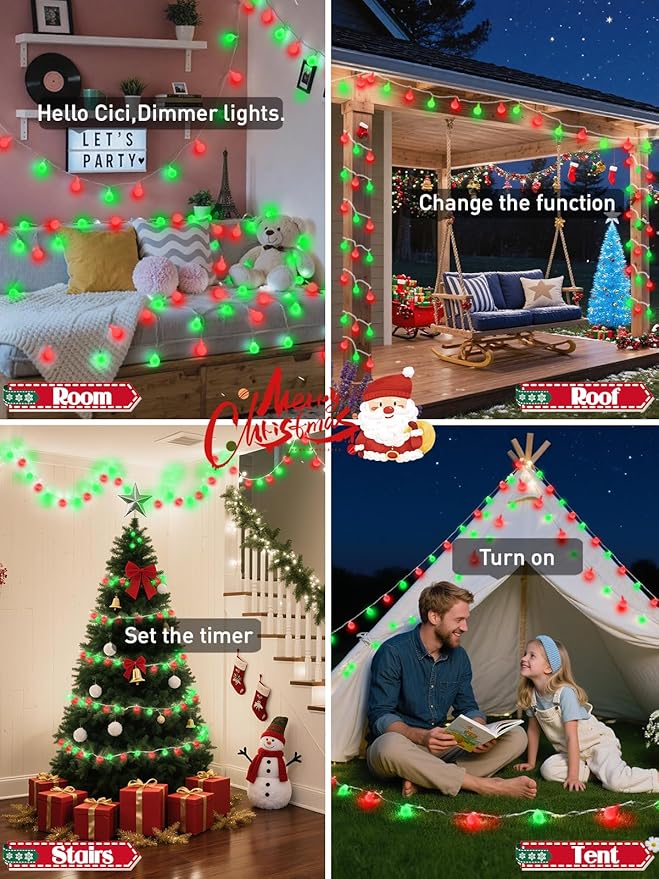 2026 New Connectable 43FT Smart Voice Controlled String Lights Indoor Outdoor | 100LED Red and Green Globe Fairy Lights with Remote, 12 Modes Waterproof Hanging Light for Bedroom Classroom Decor