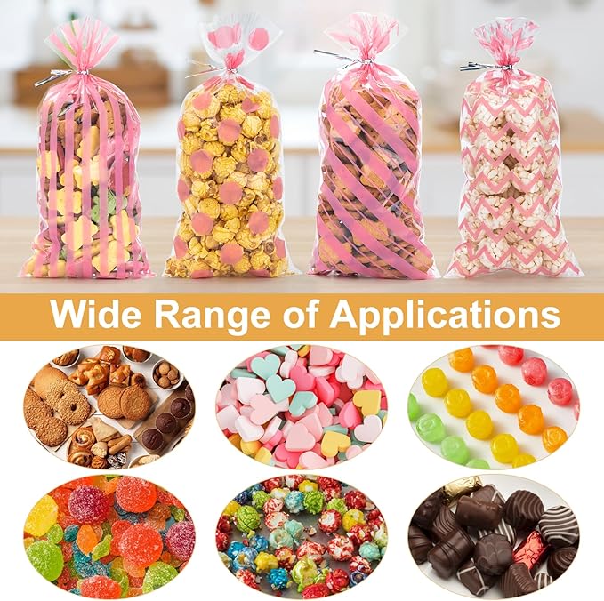120 Pack 10.6x5.1 Inch Cellophane Treat Bags with Ties - Polka & Pink Stripes Candy Gift Baggies for Birthday, Wedding Party Favors, Snack Packing Supplies