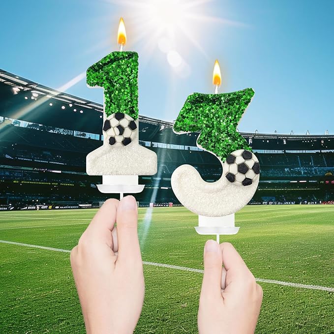 Soccer Birthday Candles Cake Topper for Girl and Boy, Wedding Cakes, Anniversaries, Party Celebrations, Birthday Decorations (Green White, 13)